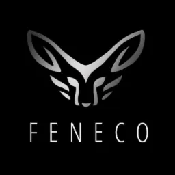 Graficzne logo firmy FENECO przedstawiające stylizowaną głowę lisa w odcieniach szarości na czarnym tle.