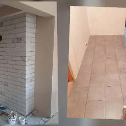 Michał Cader - Fragment wykończonego wnętrza: kolumna obłożona białą cegłą z dekoracyjnymi wstawkami i otworem, widok na podłogę z szarych, prostokątnych płytek w trakcie układania, widoczne narzędzia i materiały...