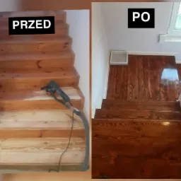 Porównanie stanu schodów drewnianych przed i po renowacji: szlifowanie starego lakieru szlifierką elektryczną kontra ciemnobrązowe, lakierowane schody z widocznym oknem w tle.