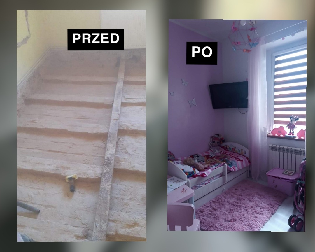 Porównanie stanu pokoju dziecięcego przed i po: surowa podłoga i ściany w trakcie przygotowań do remontu kontra pokój w odcieniach różu z łóżkiem, telewizorem i dekoracjami.