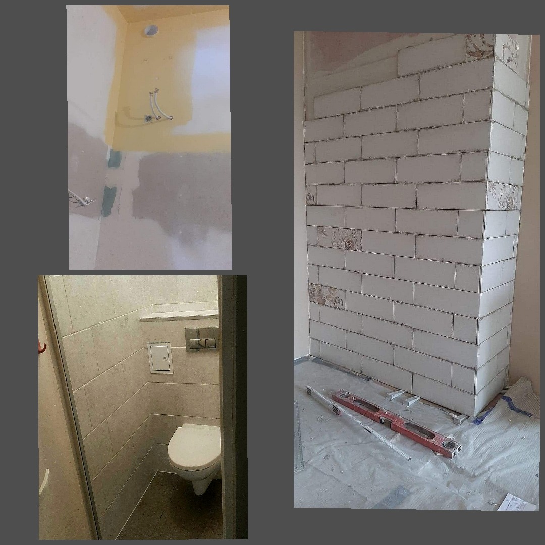 Fotokolaż przedstawia remont łazienki: przygotowanie ścian pod malowanie, fragment ściany wyłożonej białymi płytkami z dekoracyjnymi wstawkami oraz widok na toaletę z jasnymi płytkami.