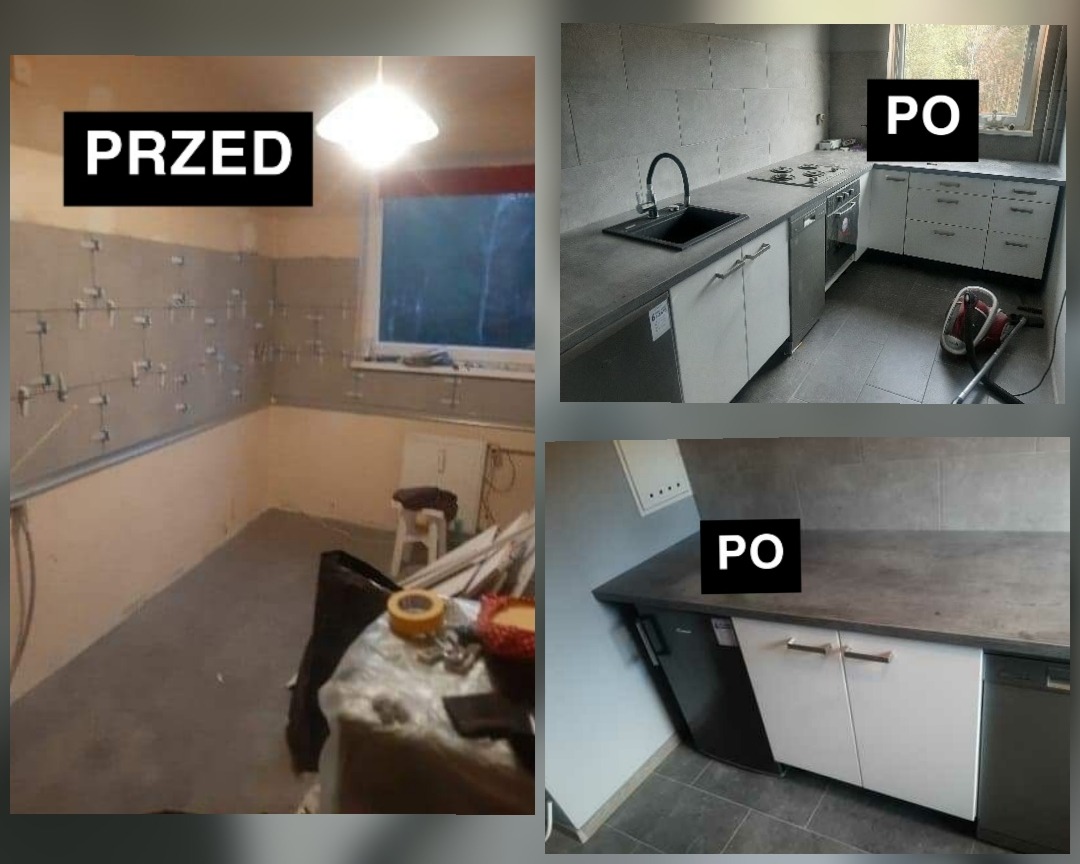 Kolaż przedstawiający kuchnię przed i po remoncie: surowe ściany z instalacją elektryczną w fazie początkowej oraz gotowa kuchnia z szarymi płytkami, czarnym zlewozmywakiem i biało-szarymi szafkami.