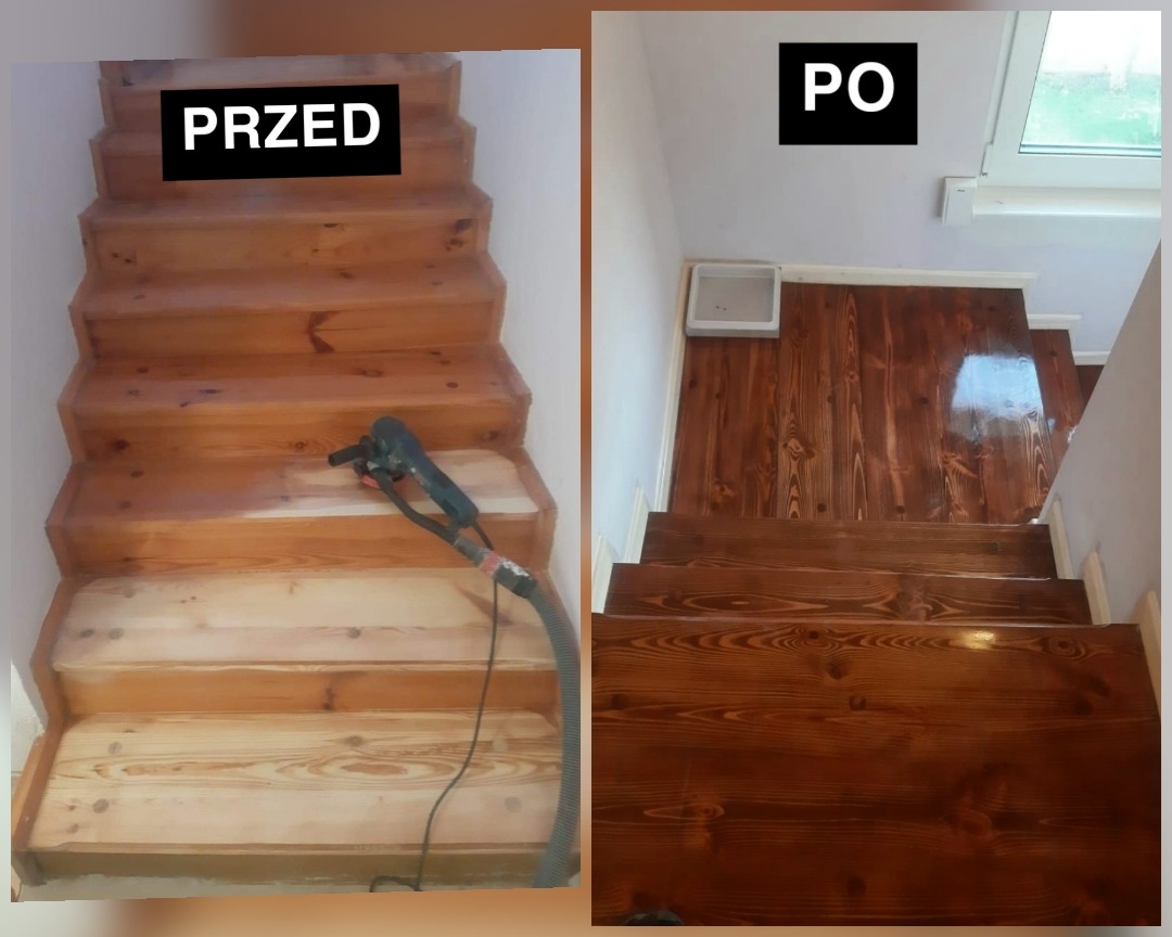 Porównanie stanu schodów drewnianych przed i po renowacji: szlifowanie starego lakieru szlifierką elektryczną kontra ciemnobrązowe, lakierowane schody z widocznym oknem w tle.