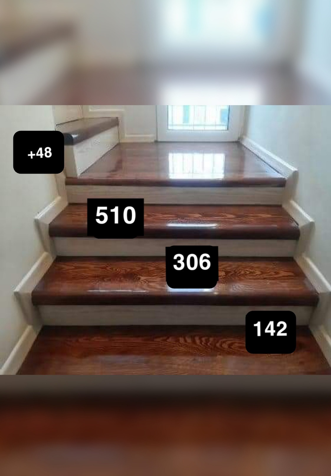 Polerowane, drewniane schody z białymi podstopnicami, prowadzące do przeszklonych drzwi.