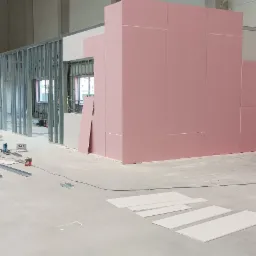 Montaż ścian działowych z metalowej konstrukcji i różowych płyt, widoczny pracownik na drabinie oraz narzędzia i materiały budowlane na podłodze.