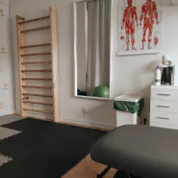 Gabinet z drabinką rehabilitacyjną, stołem do masażu, plakatem anatomicznym i piłką gimnastyczną odbijającą się w lustrze.