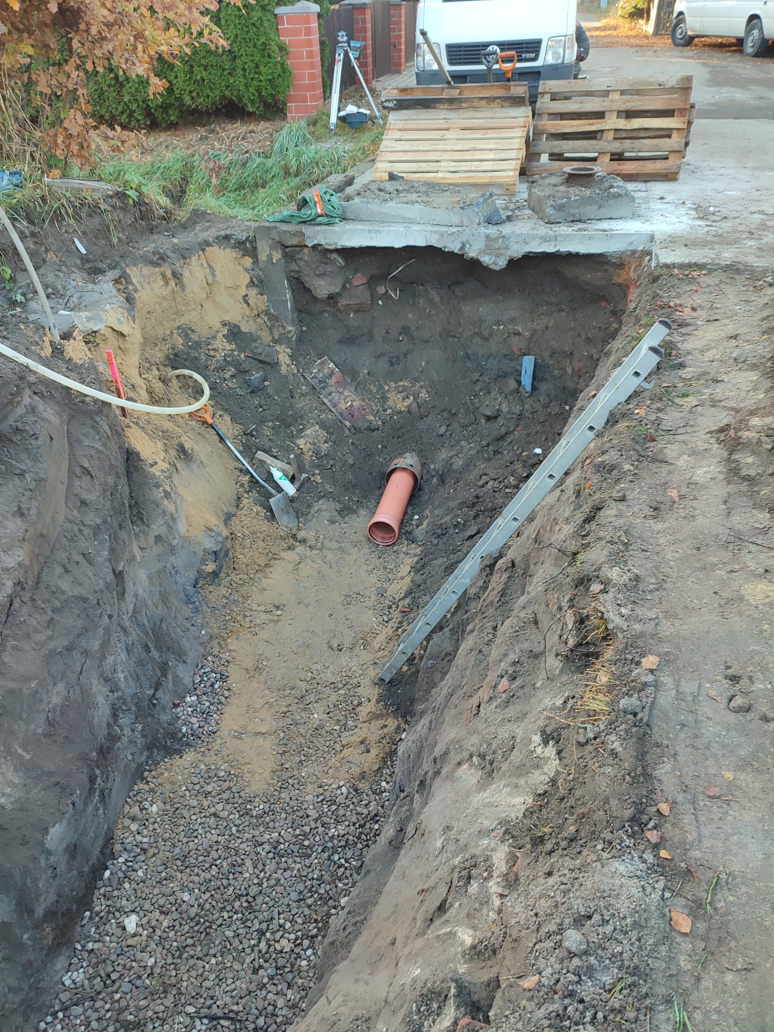 Wykopany rów z widoczną rurą kanalizacyjną, podsypką żwirową, drabiną opartą o brzeg, narzędziami i częściowo zasypanym wykopem, z paletami i pojazdami w tle.