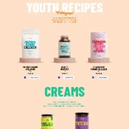 Grafika strony internetowej sandras.fit prezentująca ofertę produktów kosmetycznych i suplementów diety, w tym kolagen, kremy i granola, z podziałem na sekcje 'Nowości', 'Good Morning', 'My Secret'...