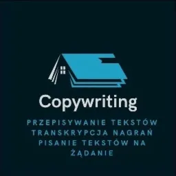 Logo firmy oferującej copywriting: stylizowany dom z papierów, napis Copywriting oraz usługi: przepisywanie tekstów, transkrypcja nagrań, pisanie tekstów na żądanie.