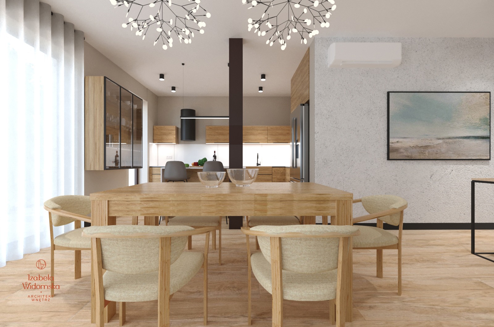 Jasne, nowoczesne wnętrze jadalni z drewnianym stołem i krzesłami o zaokrąglonych oparciach, oświetlone dekoracyjnymi lampami sufitowymi, z widokiem na kuchnię w tle i obrazem na ścianie.
