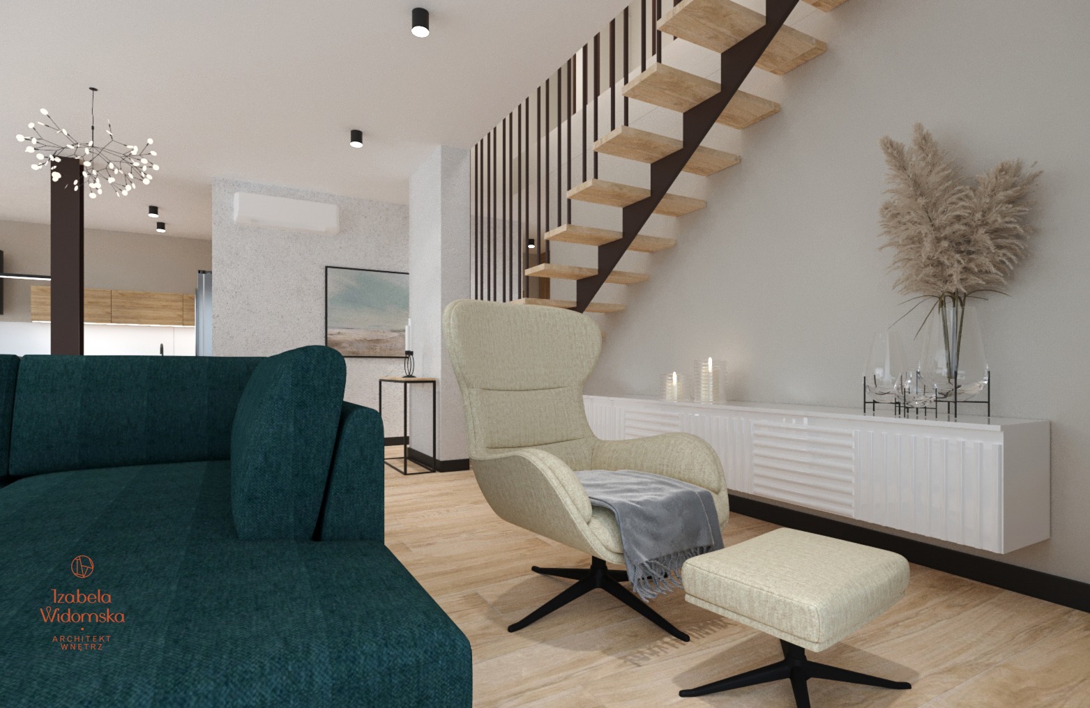 Wizualizacja salonu z turkusową sofą narożną, beżowym fotelem z podnóżkiem i schodami z drewnianymi stopniami, oświetlonymi punktowo, z dekoracyjnym wazonem z suszem na białej komodzie.