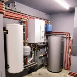 Zestaw urządzeń grzewczych w pomieszczeniu: biały zbiornik, szara pompa ciepła Ecodan i szary zasobnik wody, połączone rurami z izolacją w kolorze ceglastym, na szarej ścianie i betonowej podłodze.