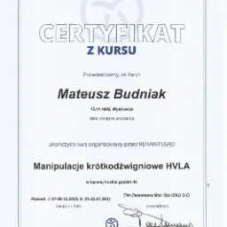 Certyfikat ukończenia kursu z zakresu manipulacji krótkodźwigniowych HVLA, wystawiony dla Mateusza Budniaka przez Rehaintegro.
