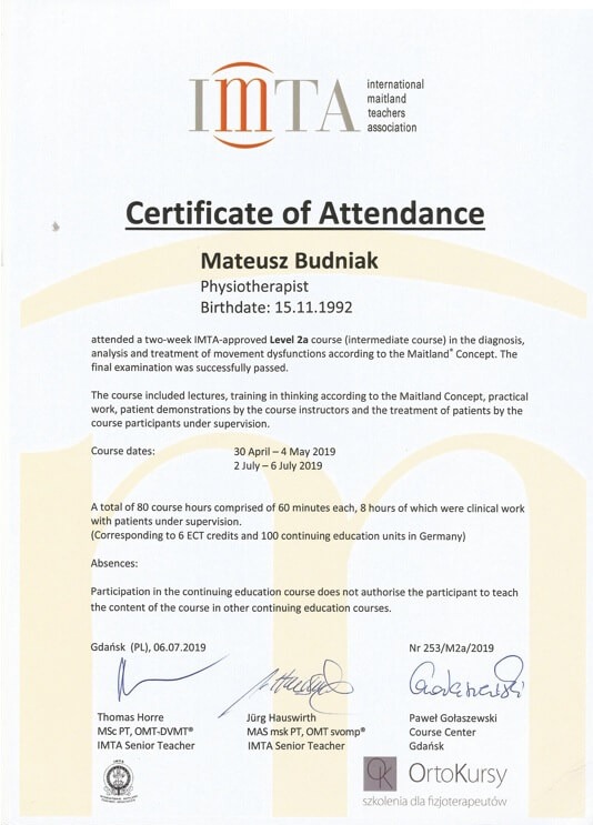 Certyfikat ukończenia kursu IMTA Level 2a przez fizjoterapeutę Mateusza Budniaka, wydany w Gdańsku 06.07.2019, z podpisami Thomasa Horre, Jürga Hauswirtha i Pawła Gołaszewskiego.