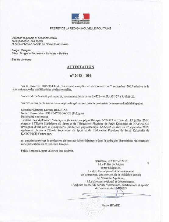 Skan dokumentu: Atestation, potwierdzenie kwalifikacji do wykonywania zawodu masażysty-kinezyterapeuty we Francji, wydane w Bordeaux, 2 lutego 2018, z podpisem Pierre SICARD.