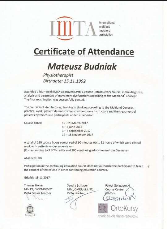 Certyfikat ukończenia kursu fizjoterapii IMTA przez Mateusza Budniaka, wydany w Gdańsku 18.11.2017, z podpisami Thomasa Horre, Sandry Schlager i Pawła Gołaszewskiego.
