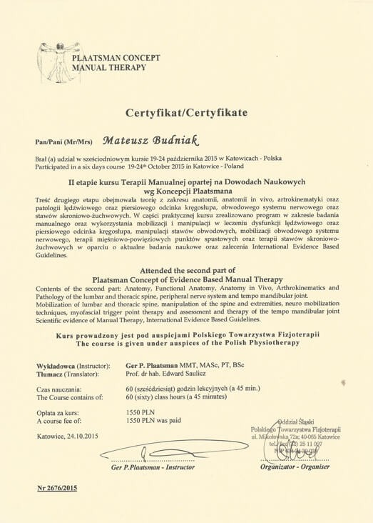 Skan certyfikatu ukończenia kursu terapii manualnej Plaatsman Concept of Evidence Based Manual Therapy, Katowice 2015, z podpisem instruktora Ger P. Plaatsmana.