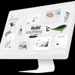 Monitor prezentujący interfejs strony internetowej z różnymi minimalistycznymi projektami graficznymi i elementami wizualnymi, w tym zdjęcia, ikony i formularze kontaktowe, wszystko utrzymane...