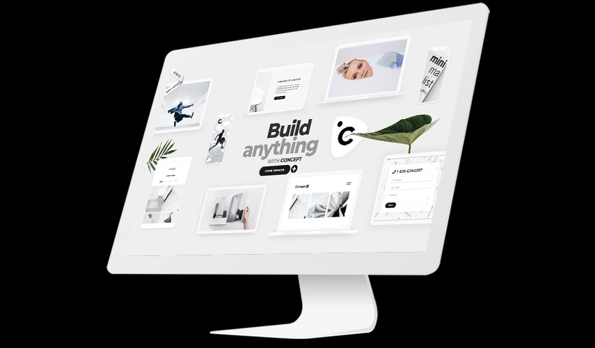 Monitor prezentujący interfejs strony internetowej z różnymi minimalistycznymi projektami graficznymi i elementami wizualnymi, w tym zdjęcia, ikony i formularze kontaktowe, wszystko utrzymane...