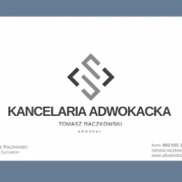 Logo Kancelarii Adwokackiej Tomasz Raczkowski ze Szczecina, minimalistyczny znak graficzny nad nazwą, dane kontaktowe poniżej.