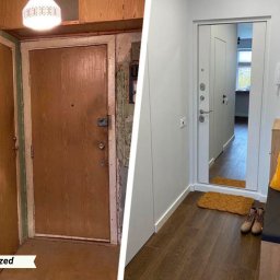 EUDI DESIGN VOLHA SHURPITSKAYA - Zdjęcie 'przed i po' prezentuje metamorfozę przedpokoju: od starej boazerii i drzwi, do nowoczesnego wnętrza z jasnymi ścianami i nowymi drzwiami z lustrem.