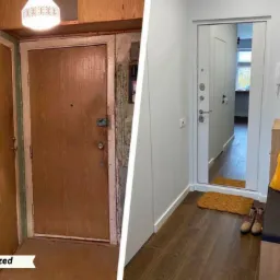 Zdjęcie 'przed i po' prezentuje metamorfozę przedpokoju: od starej boazerii i drzwi, do nowoczesnego wnętrza z jasnymi ścianami i nowymi drzwiami z lustrem.