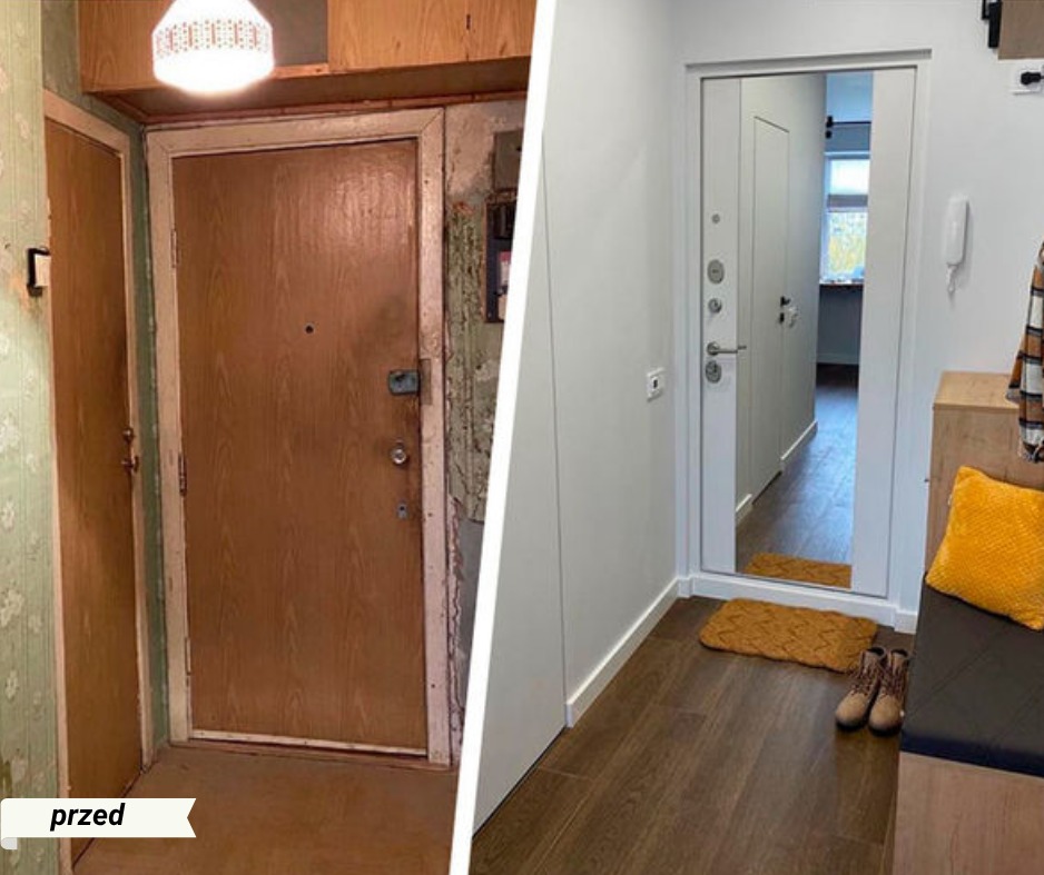 Zdjęcie 'przed i po' prezentuje metamorfozę przedpokoju: od starej boazerii i drzwi, do nowoczesnego wnętrza z jasnymi ścianami i nowymi drzwiami z lustrem.