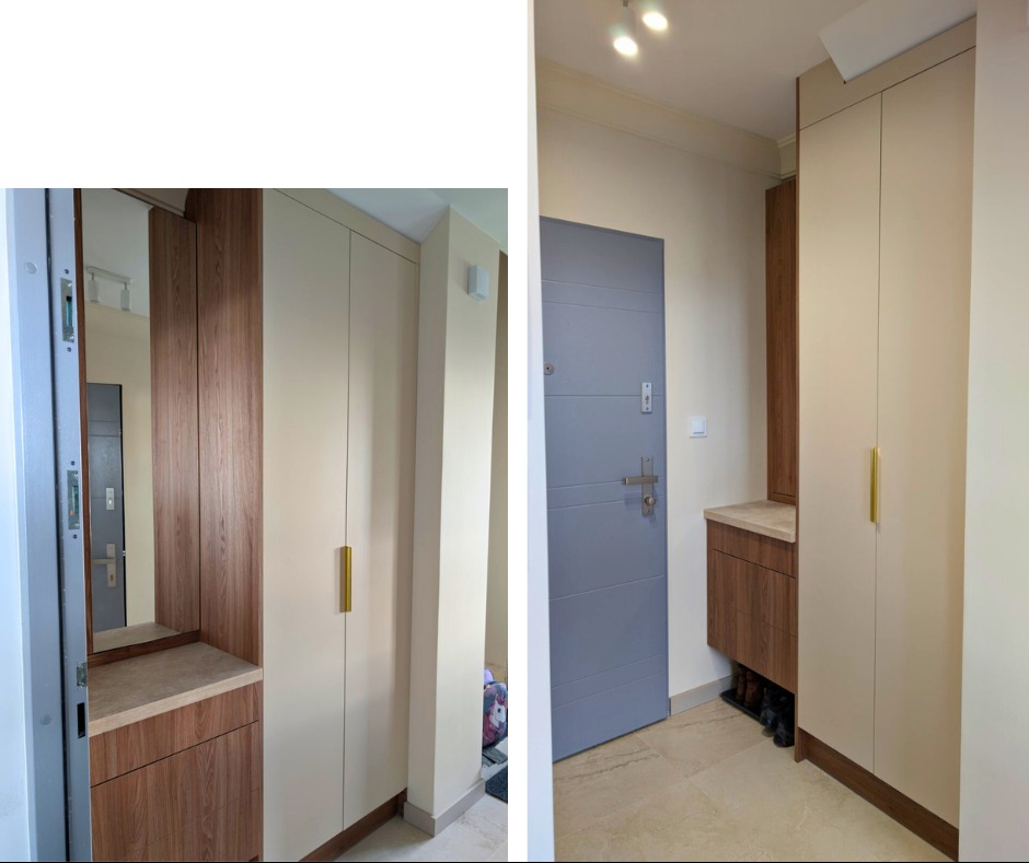 Nowoczesna szafa wnękowa z lustrem i drewnianymi akcentami w przedpokoju, szara ściana i drzwi wejściowe, minimalistyczny design.