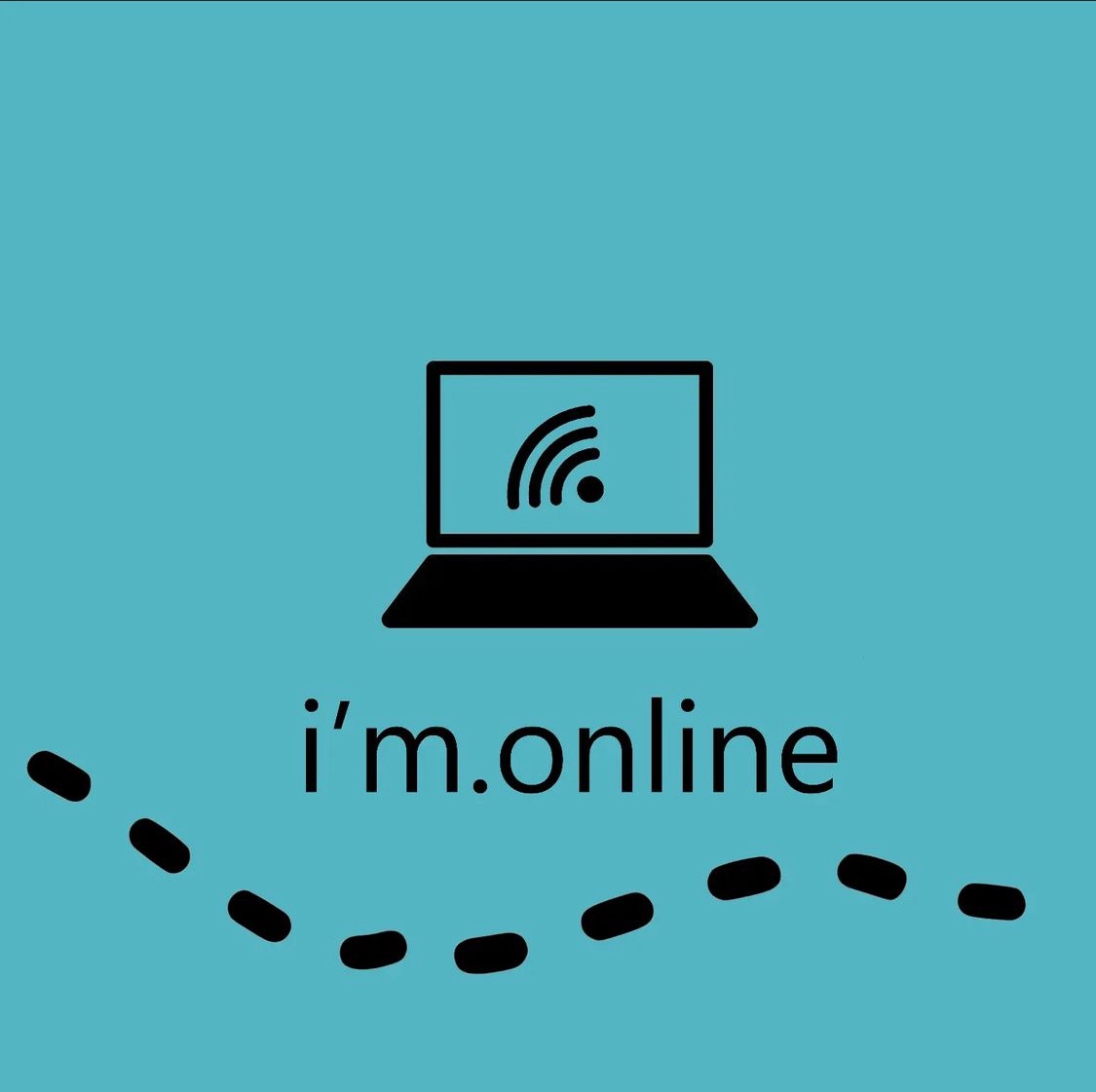 Grafika wektorowa: czarny laptop z symbolem Wi-Fi na ekranie, napis 'i'm.online' i ślad z kropek na turkusowym tle.