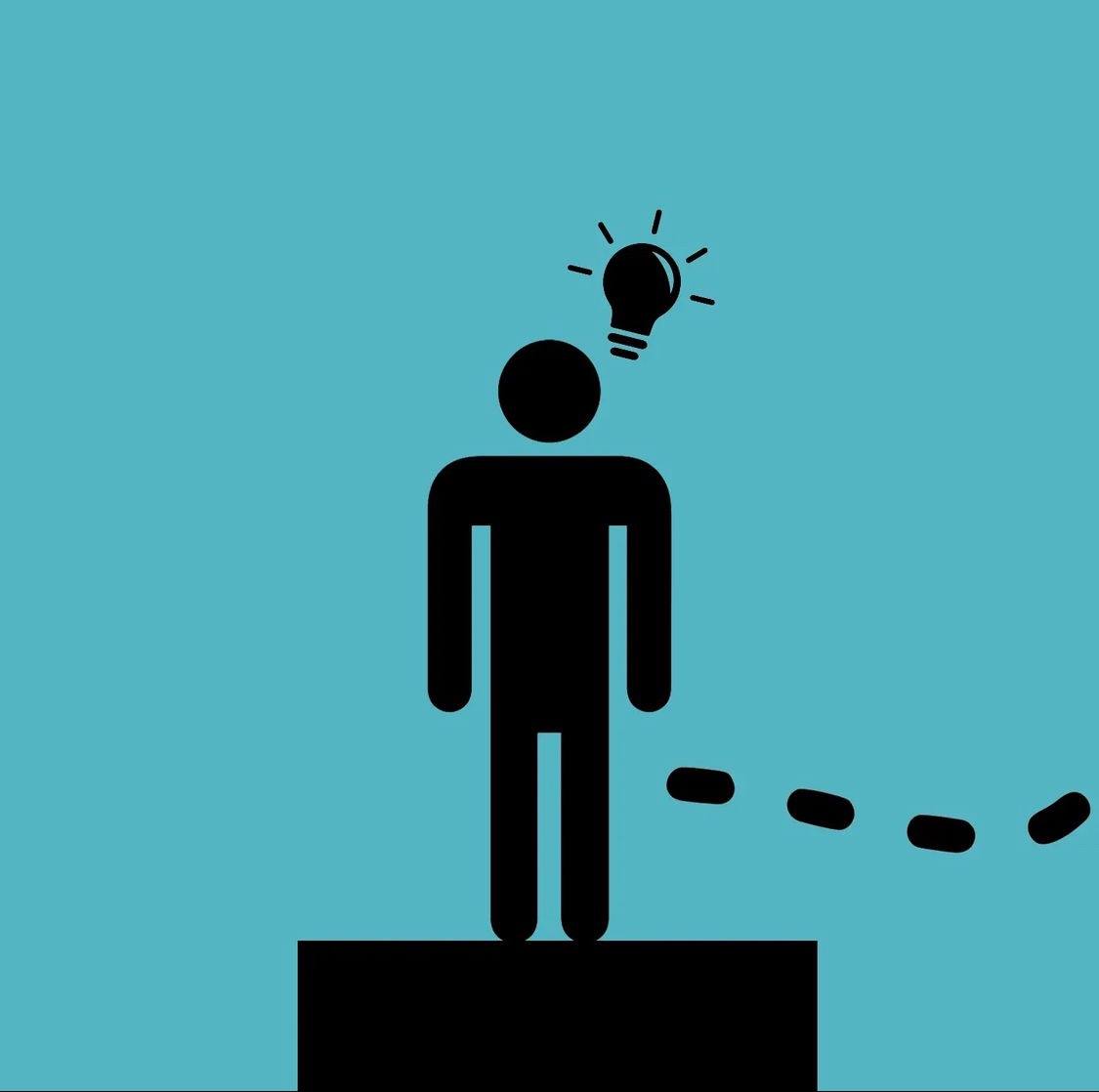 Czarna sylwetka postaci stojącej na platformie z żarówką symbolizującą pomysł nad głową, na turkusowym tle z przerywaną linią kropek.