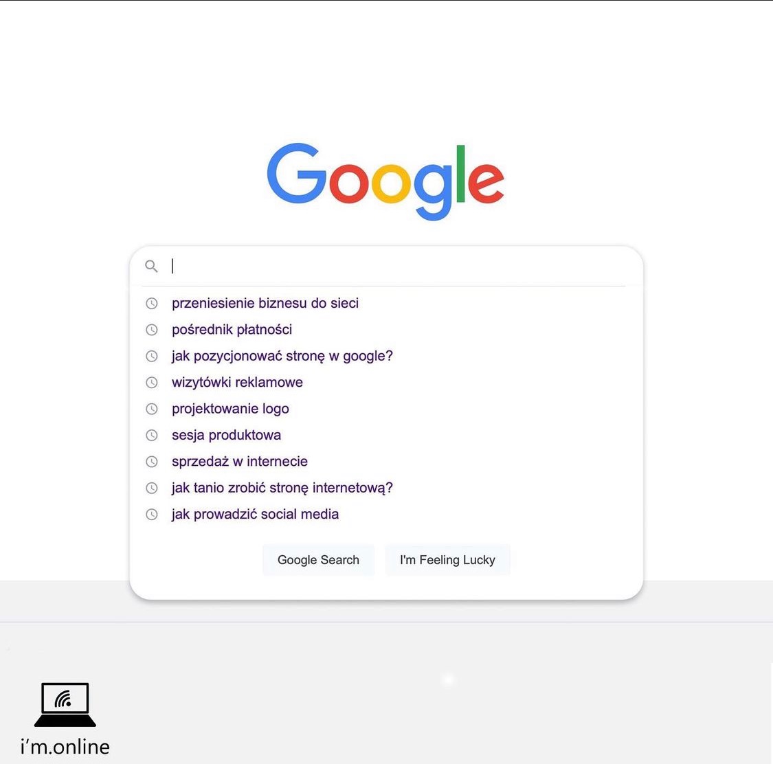 Wyszukiwarka Google z sugestiami fraz związanych z przeniesieniem biznesu do sieci, pozycjonowaniem stron, projektowaniem logo i wizytówkami, prawdopodobnie z Poznania.