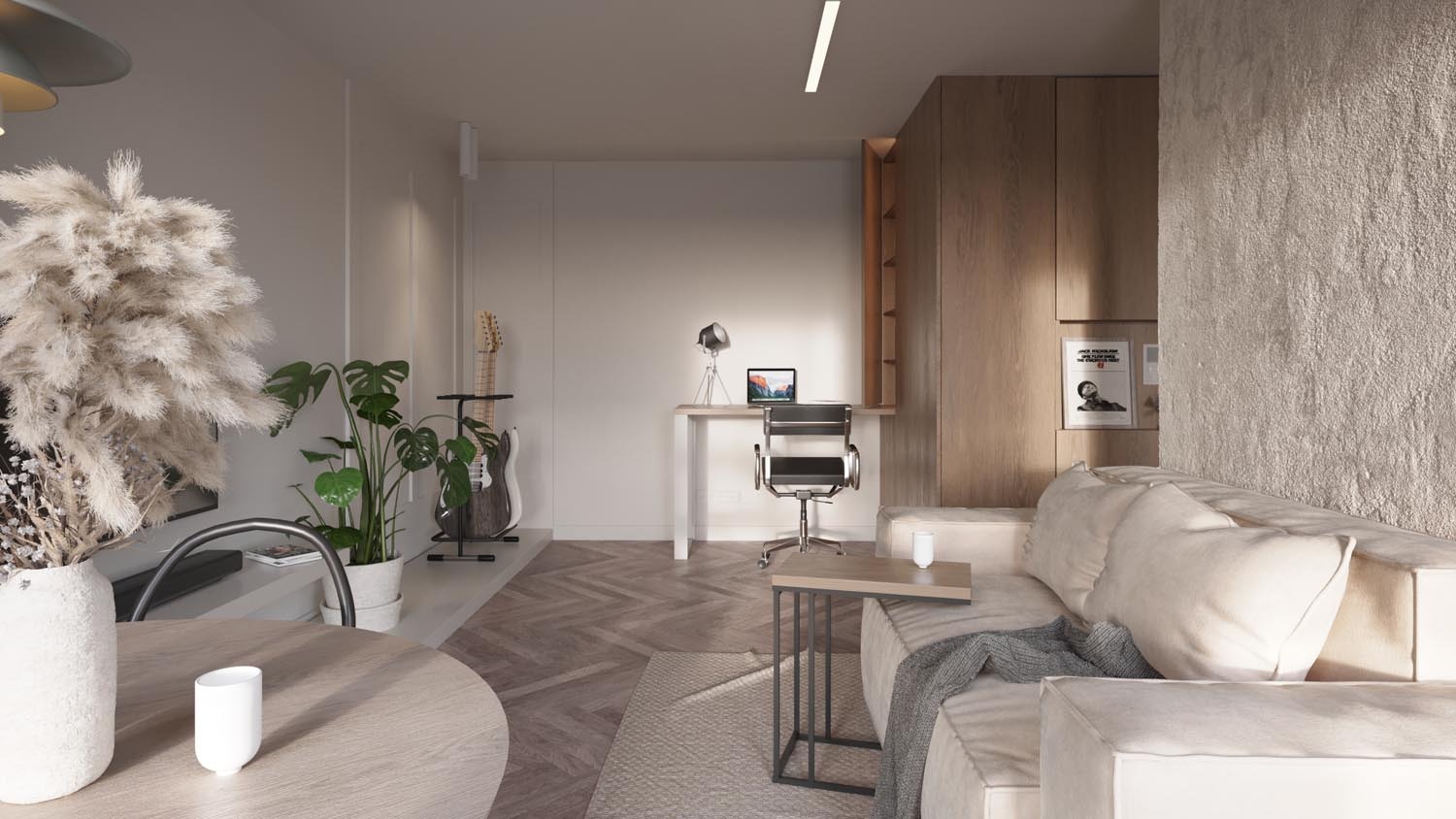 Jasne, przestronne wnętrze mieszkania z biurkiem do pracy, gitarą elektryczną i dekoracyjnym bukietem z trawy pampasowej na stole, utrzymane w neutralnej kolorystyce.