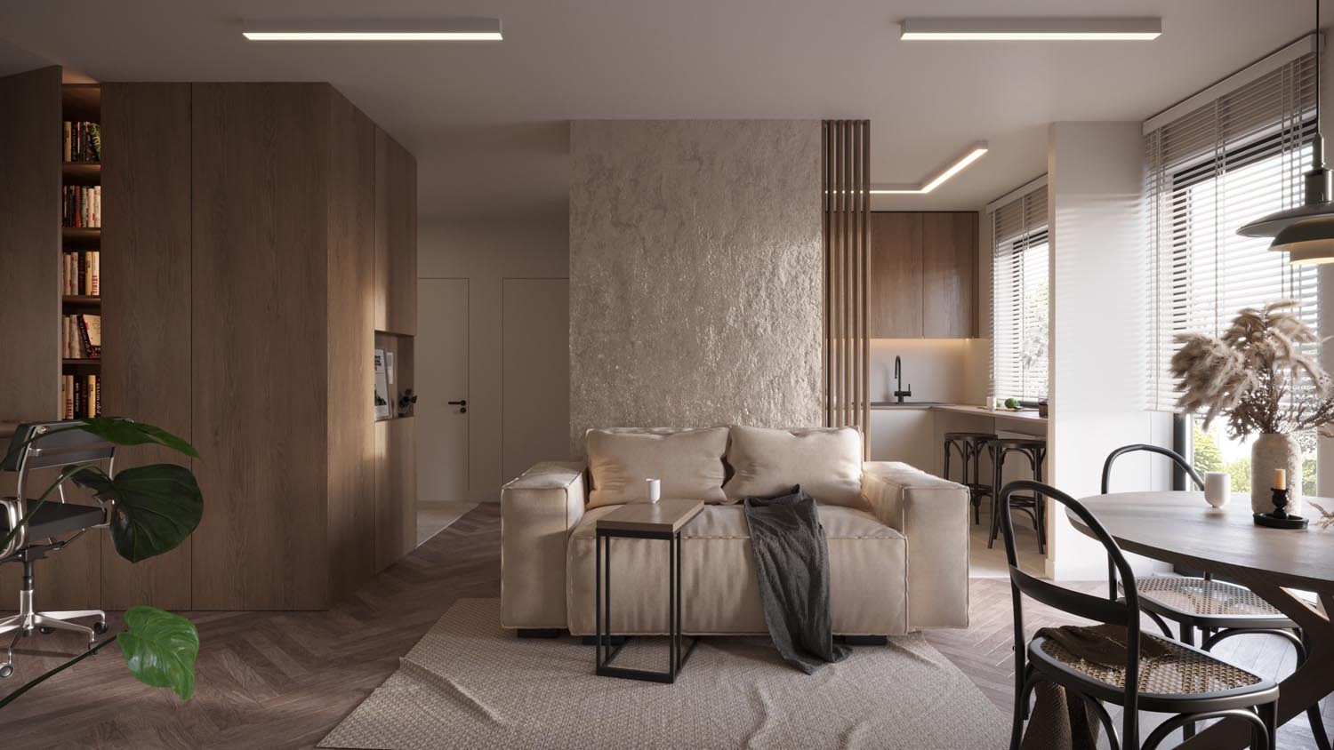 Jasne, przestronne wnętrze apartamentu w Krakowie z beżową sofą, drewnianymi elementami i otwartą kuchnią, oświetlone listwami LED, z widocznym parkietem ułożonym w jodełkę.