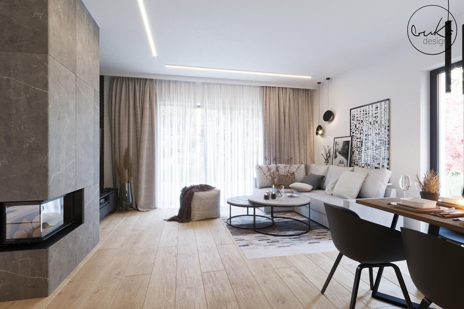 Jasne, przestronne wnętrze salonu z kominkiem obłożonym szarym marmurem, beżową sofą narożną z poduszkami, okrągłymi stolikami kawowymi na dywanie geometrycznym i drewnianą podłogą, oświetlone...