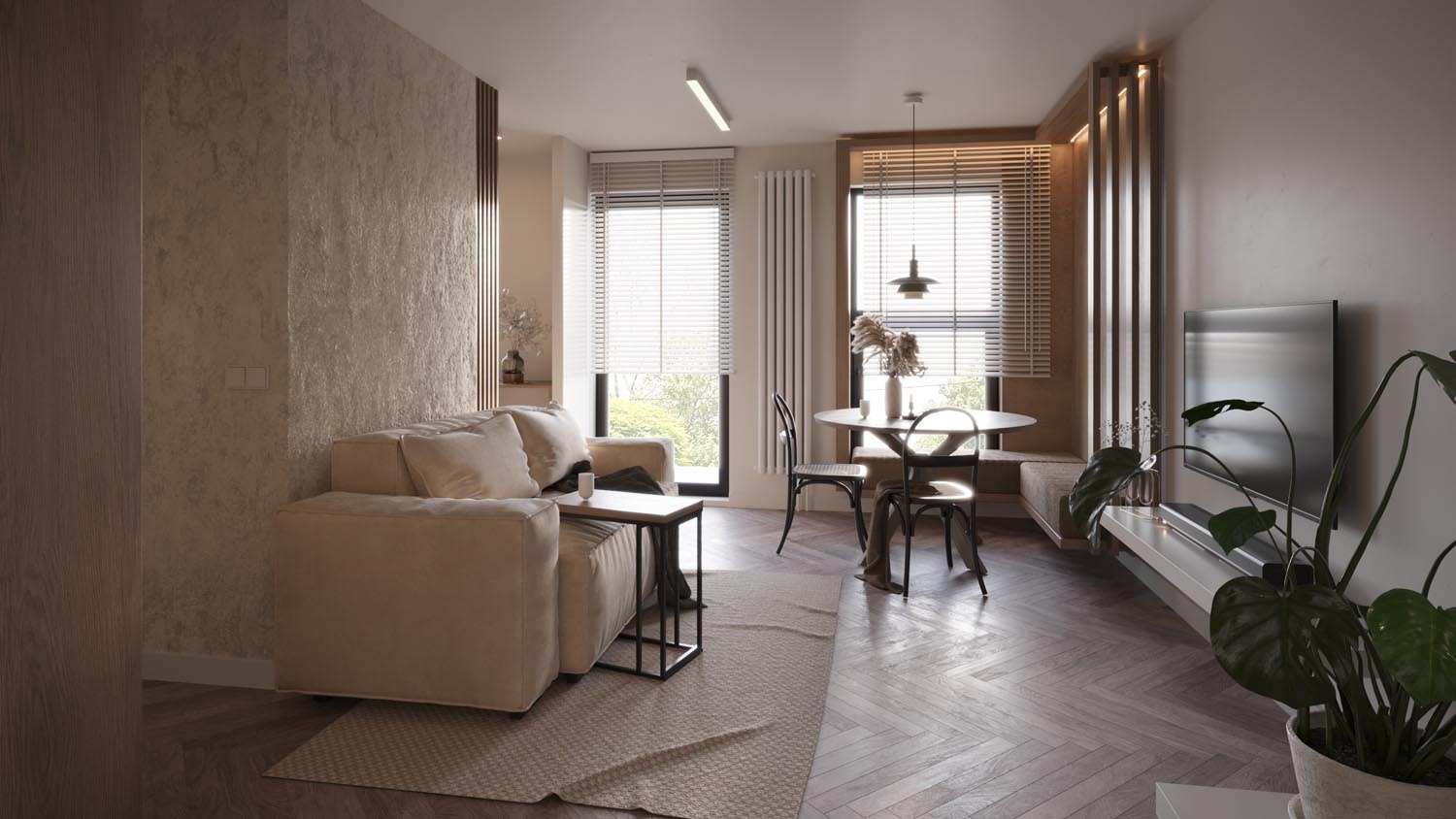 Jasne wnętrze mieszkania z sofą, stolikiem, stołem jadalnym z krzesłami, telewizorem i rośliną doniczkową, parkiet ułożony w jodełkę, naturalne światło wpadające przez okna z żaluzjami.