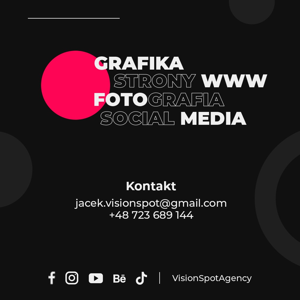 Czarno-biała grafika reklamowa z różowym kołem, prezentująca usługi: grafika, strony www, fotografia, social media oraz dane kontaktowe: adres e-mail i numer telefonu.