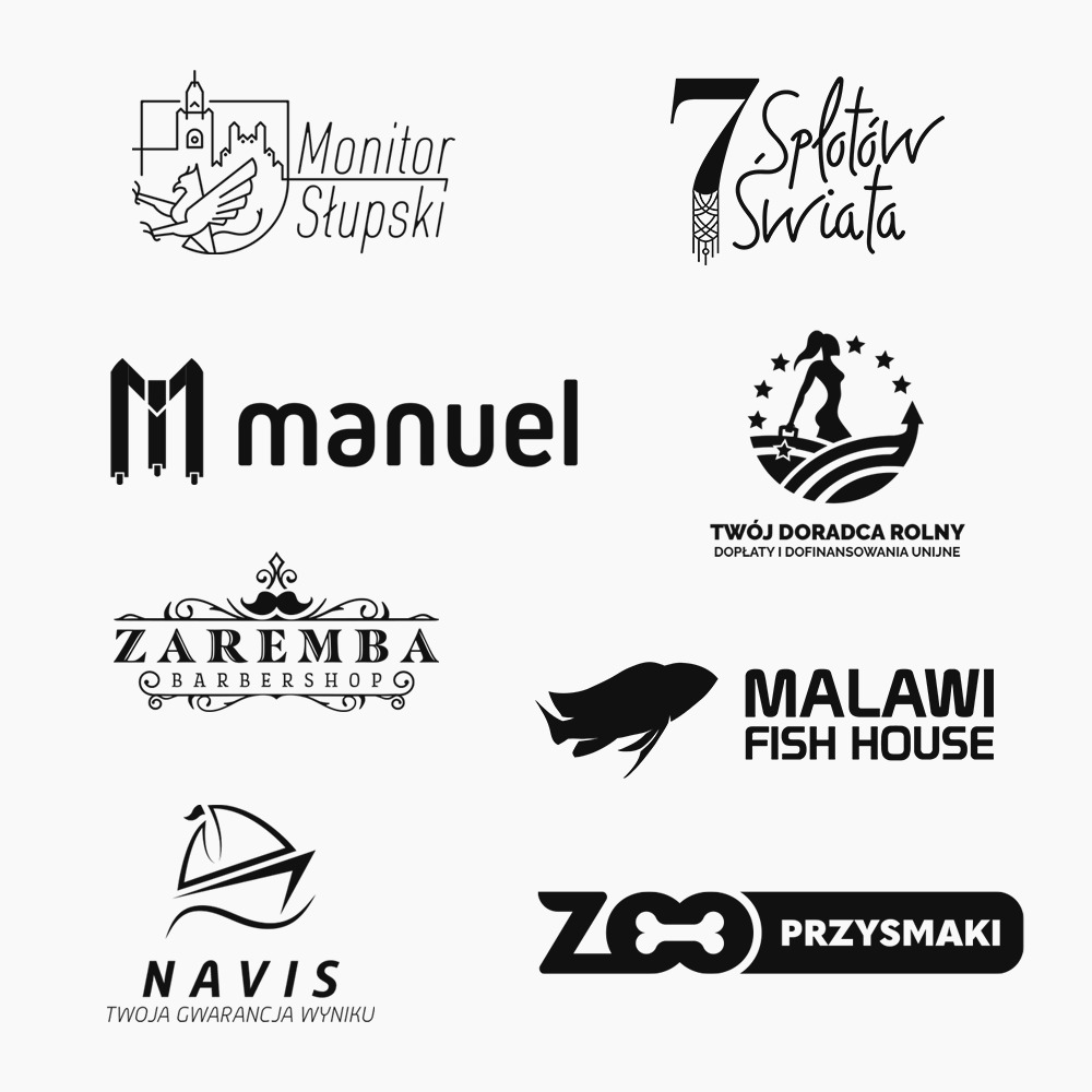 Kompilacja czarno-białych logo różnych firm z Gdańska, prezentująca różnorodne style i branże, od mediów lokalnych po barbershopy i doradztwo rolnicze.