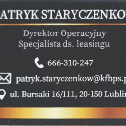 Wizytówka z danymi kontaktowymi: Patryk Staryczenkow, Dyrektor Operacyjny, Specjalista ds. leasingu, numer telefonu, adres e-mail i adres w Lublinie.