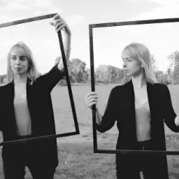 Dwie identyczne kobiety w czarno-białej fotografii, każda trzyma czarną ramę, tworząc efekt podwójnej ekspozycji na tle łąki i drzew