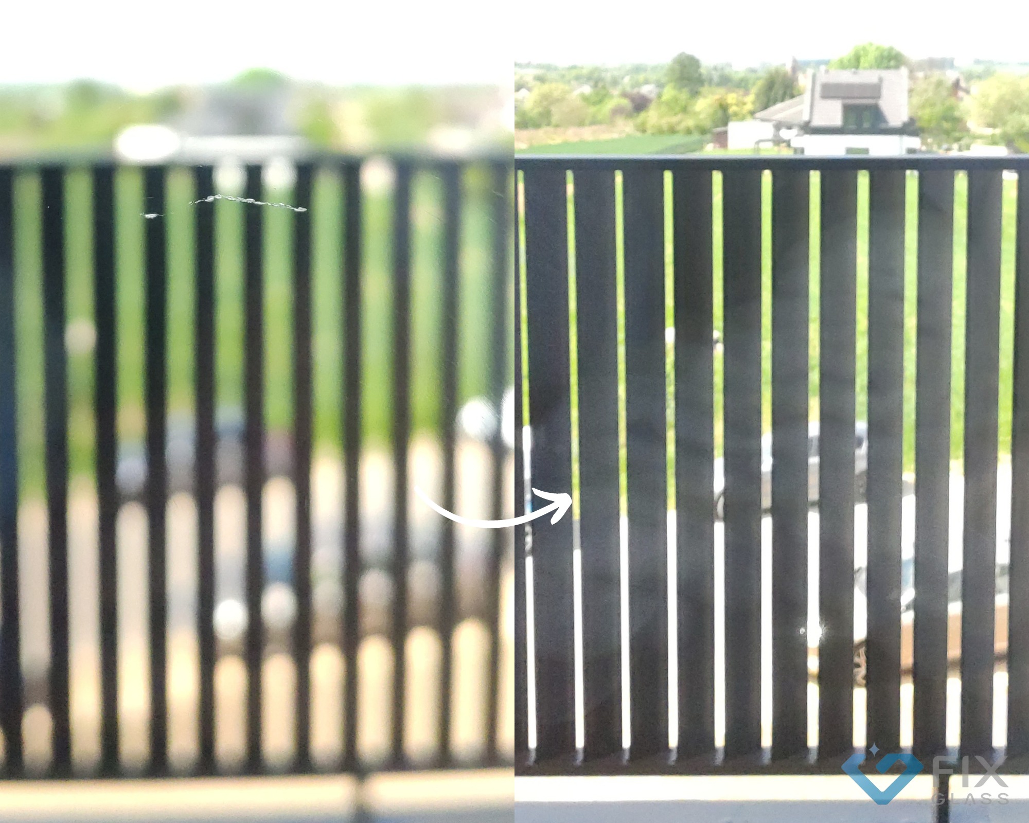 Uszkodzona szyba balkonowa z widocznymi rysami przed naprawą, na tle zieleni i zabudowań.