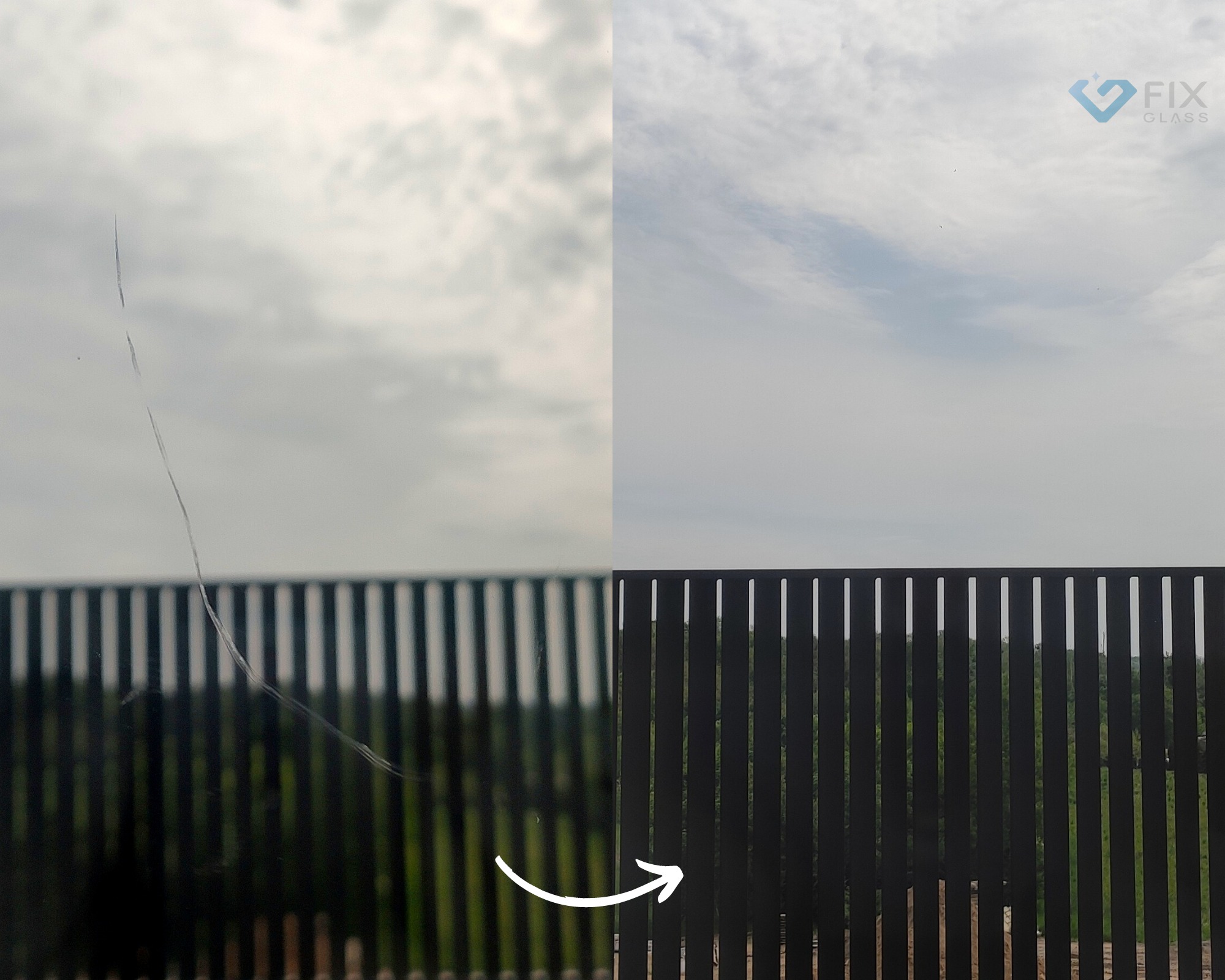 Porównanie szyby przed i po naprawie: po lewej stronie widoczna rysa, po prawej szyba bez uszkodzeń, na tle pochmurnego nieba i metalowego ogrodzenia.