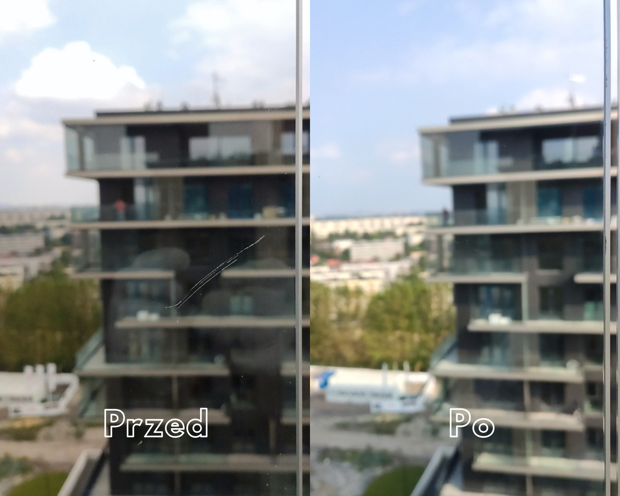 Porównanie: okno zarysowane (Przed) i po usunięciu rys (Po). W tle budynek mieszkalny z balkonami i widok na miasto.
