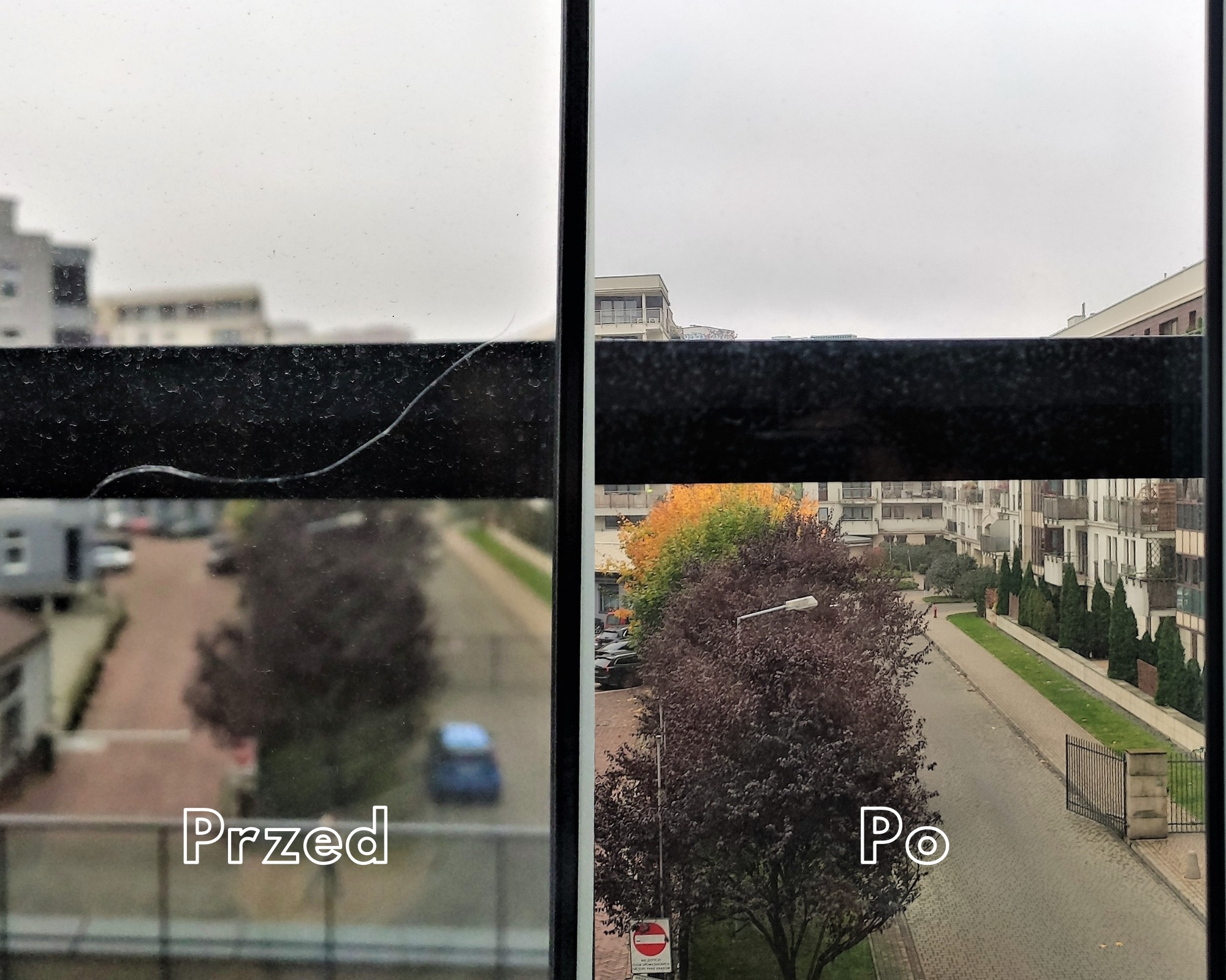Porównanie okna przed i po naprawie: po lewej pęknięta szyba, po prawej czysta, przejrzysta szyba z widokiem na ulicę z drzewami w jesiennych kolorach.