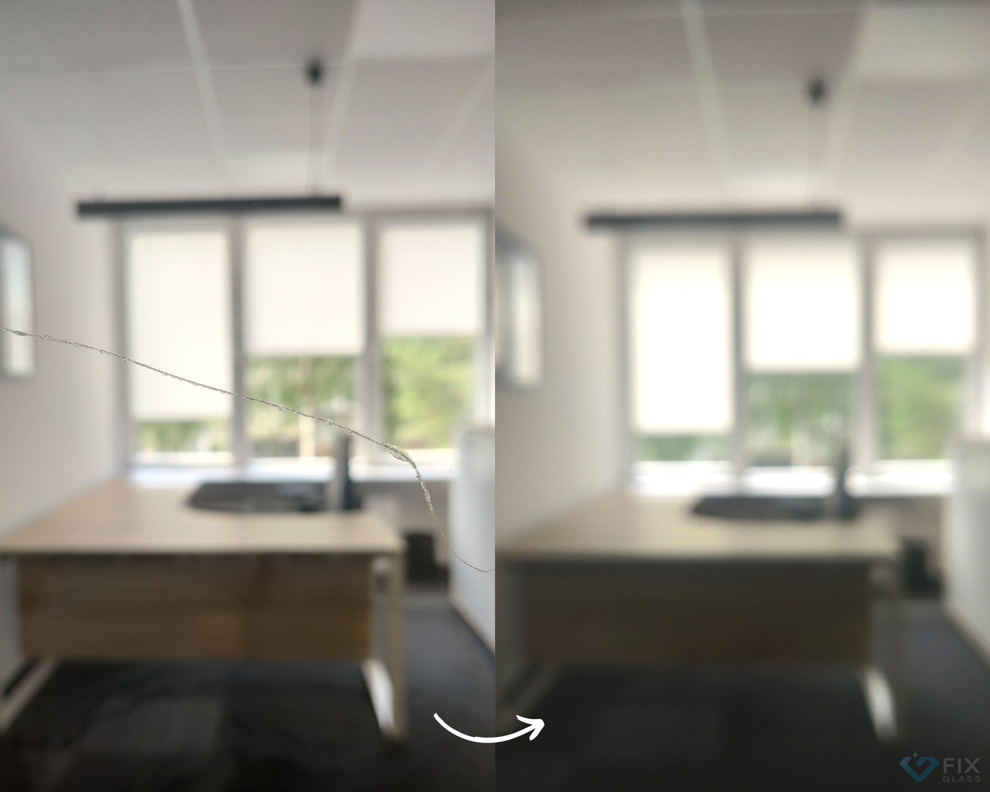 Porównanie: pęknięta szyba przed i po naprawie, widoczne na tle biura z oknem i biurkiem.