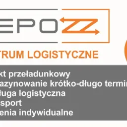 Grafika reklamowa centrum logistycznego z napisem DEPOZZ, oferującego punkt przeładunkowy, magazynowanie krótko- i długoterminowe, obsługę logistyczną, transport i zlecenia indywidualne, dostępne...