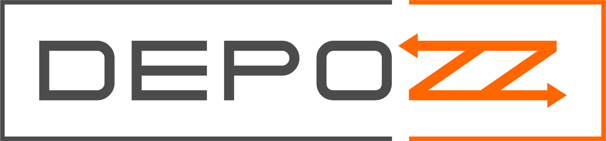 Logo firmy DEPOZZ z szarym napisem i pomarańczowym symbolem strzałki w prawo i lewo, umieszczone w obramowaniu z szarą i pomarańczową ramką.