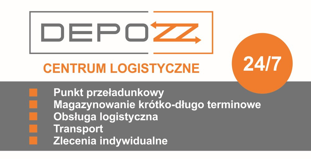 Grafika reklamowa centrum logistycznego z napisem DEPOZZ, oferującego punkt przeładunkowy, magazynowanie krótko- i długoterminowe, obsługę logistyczną, transport i zlecenia indywidualne, dostępne...