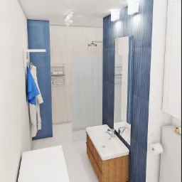 Wizualizacja nowoczesnej łazienki z niebieskimi akcentami, drewnianą szafką pod umywalką i minimalistycznym oświetleniem punktowym.