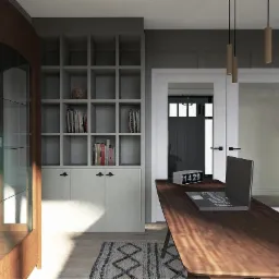 Wizualizacja gabinetu: biurko z laptopem i zegarem retro, regał z książkami i dekoracjami, przeszklona witryna z oświetleniem punktowym, minimalistyczne lampy wiszące, dywan w geometryczne wzory.