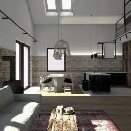 Przestronne wnętrze z ceglaną ścianą, kominkiem, sofą, drewnianym stolikiem kawowym, jadalnią z okrągłym stołem i krzesłami oraz nowoczesną kuchnią z wyspą i oświetleniem punktowym.